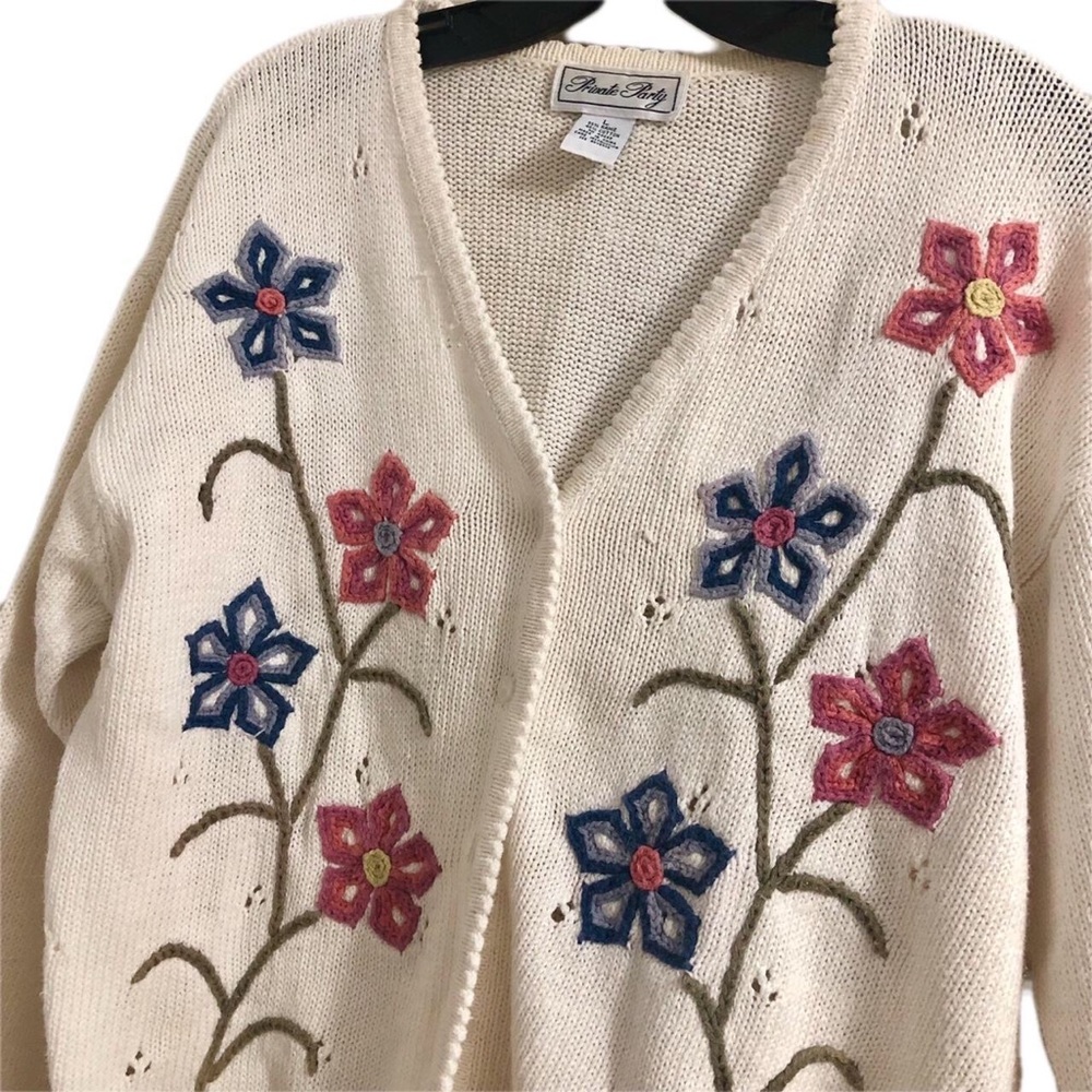 Vintage Crocheted Flowers Cream Colored Knit Cardigan by Private Party - Picture 2 of 3